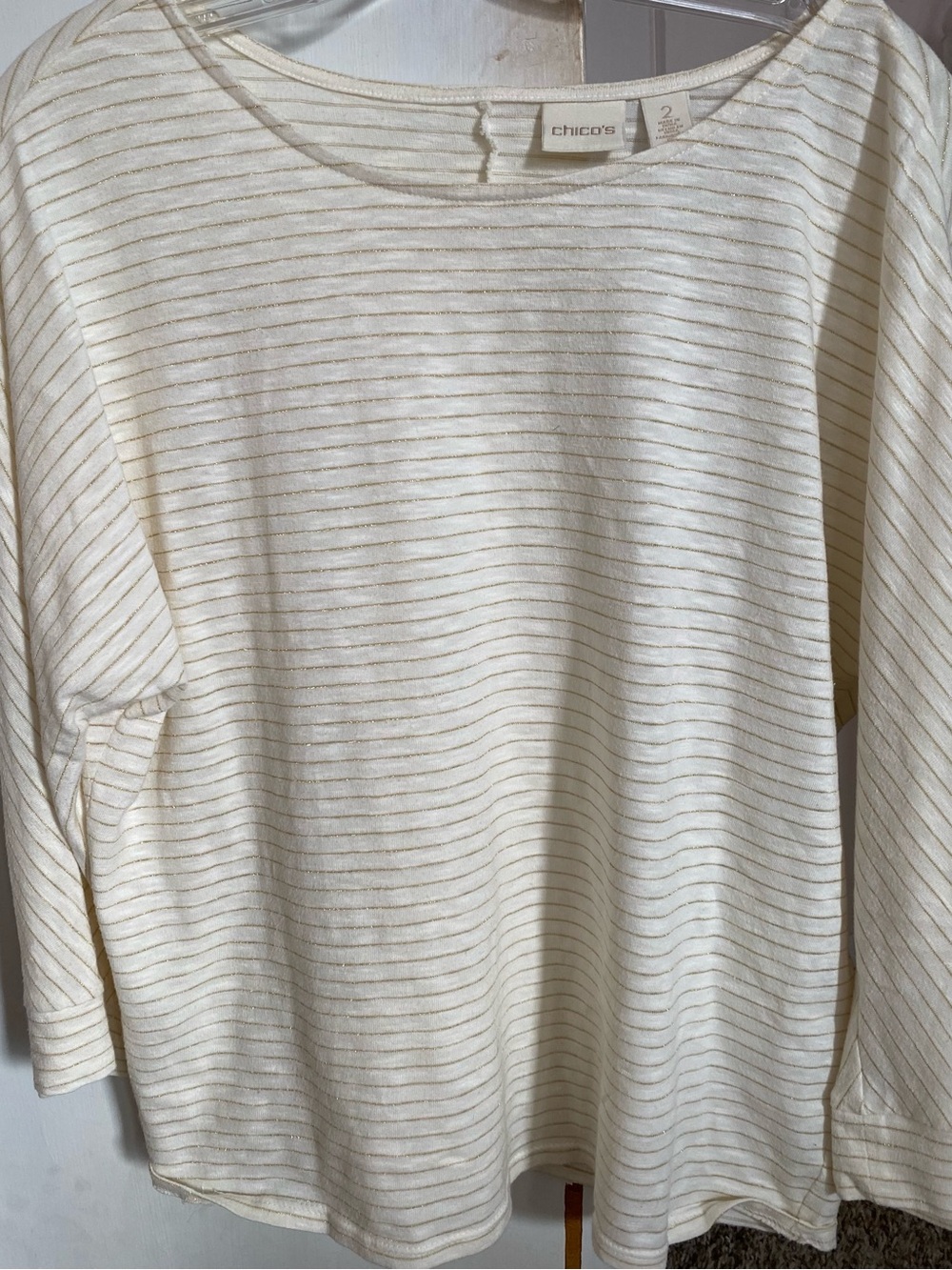 Chico's Cream and Gold Striped Long-Sleeve Top